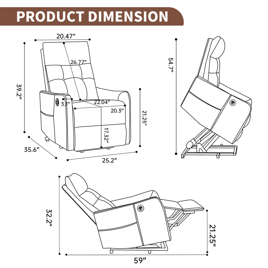 Brown PU Single Motor Power Lift Recliner Chair with Massage and Heat