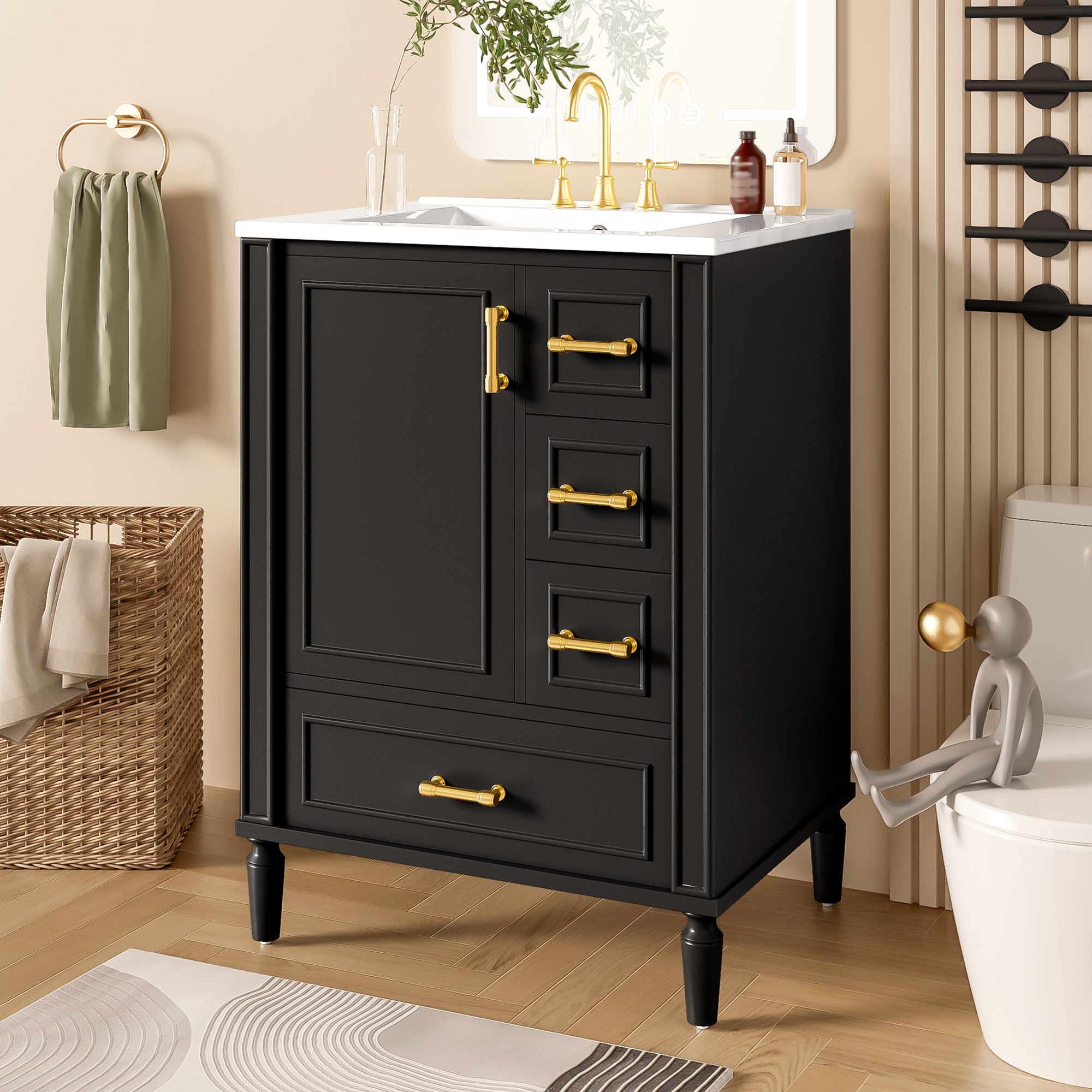 24" Modern Bathroom Vanity with Ceramic Sink, Soft-Close Door, 3 Drawers