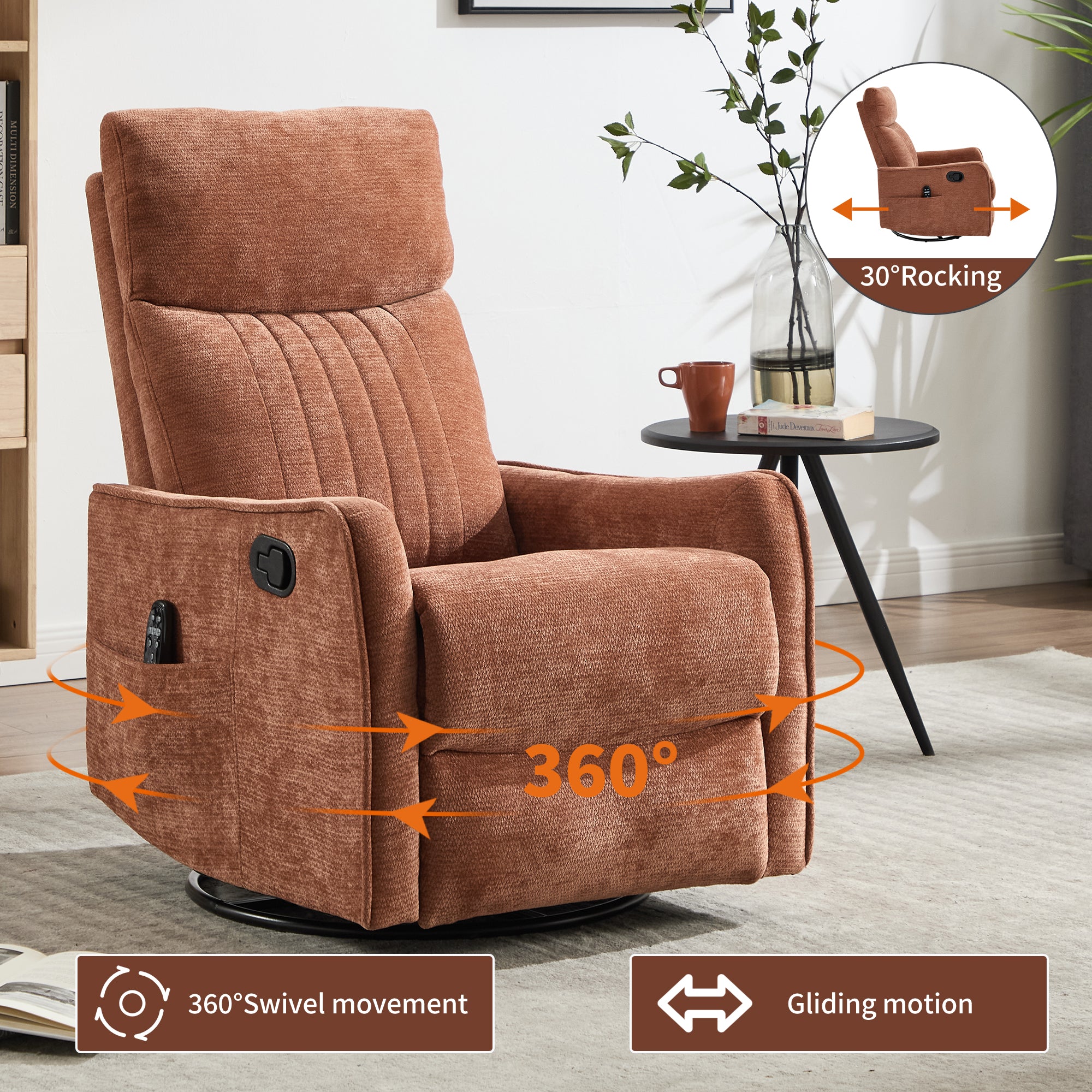 Orange Heat Massage Manual Recliner Chair with Rocker and Swivel in Fabric for Living Room