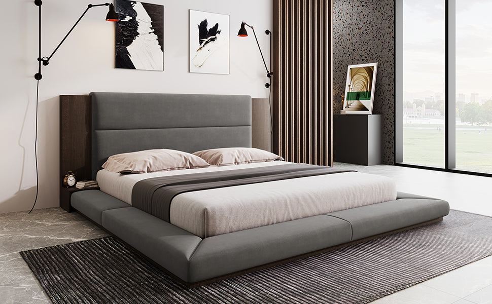 Floor Upholstered Platform Bed with Extended Wood Headboard