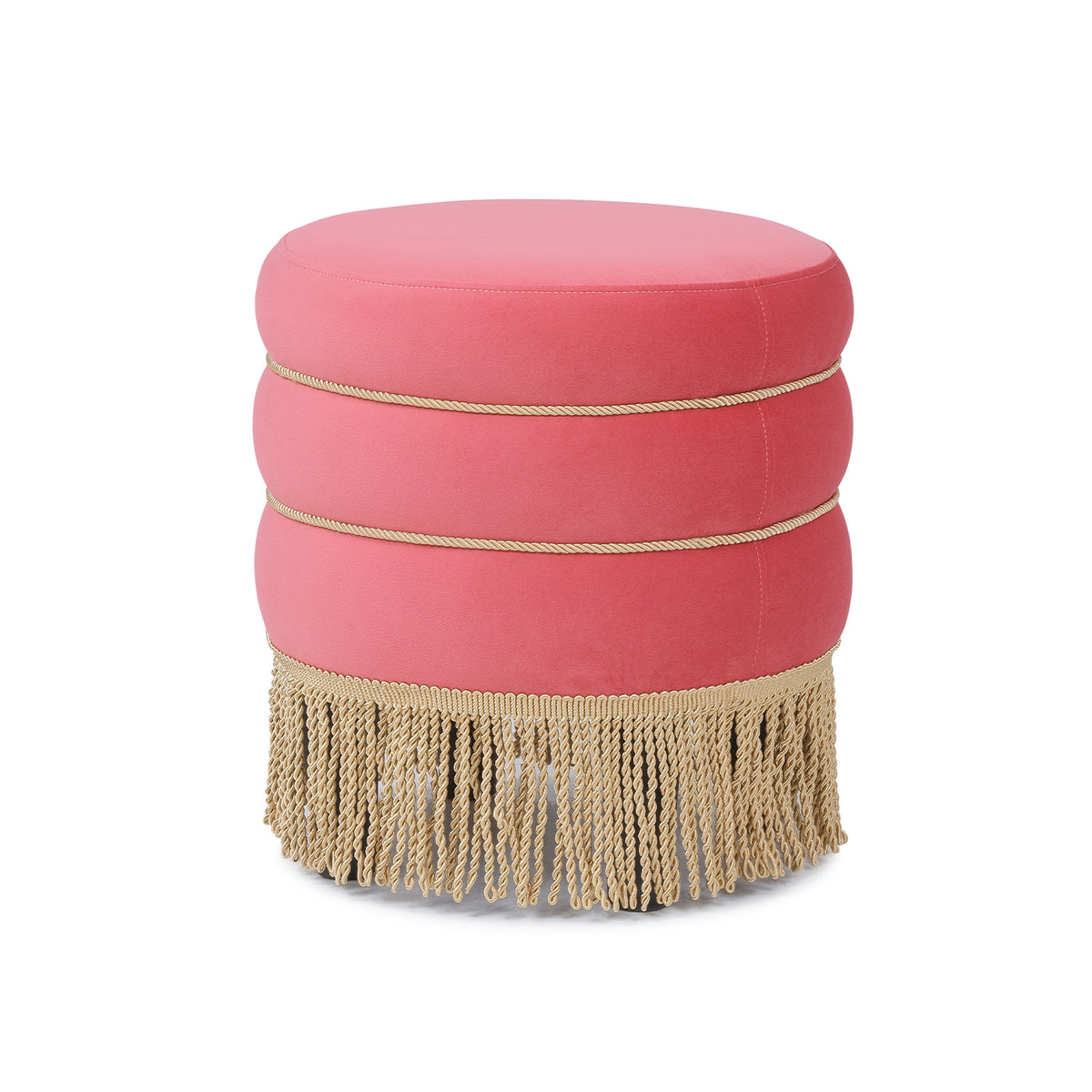 Edward Round Upholstered Ottoman, 17.5-Inch, Rose Pink Velvet with Bullion Fringe