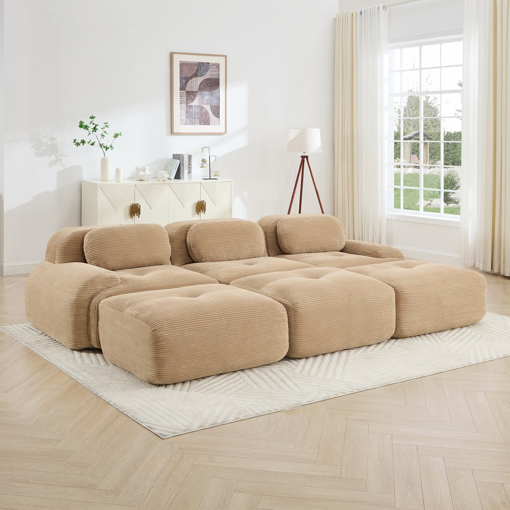 Three-Seat Modular Sofa with 3 Ottomans - Camel