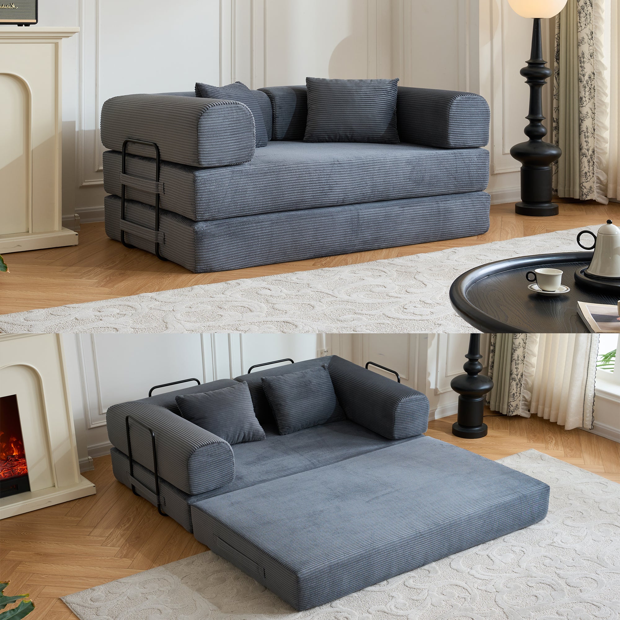 59" Convertible Sleeper Sofa Bed with Cylindrical Pillow