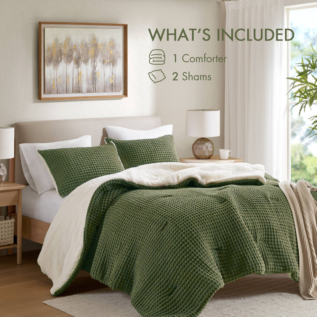 3 Pieces Full/Queen Waffle Knit Chenille Comforter Set - Olive