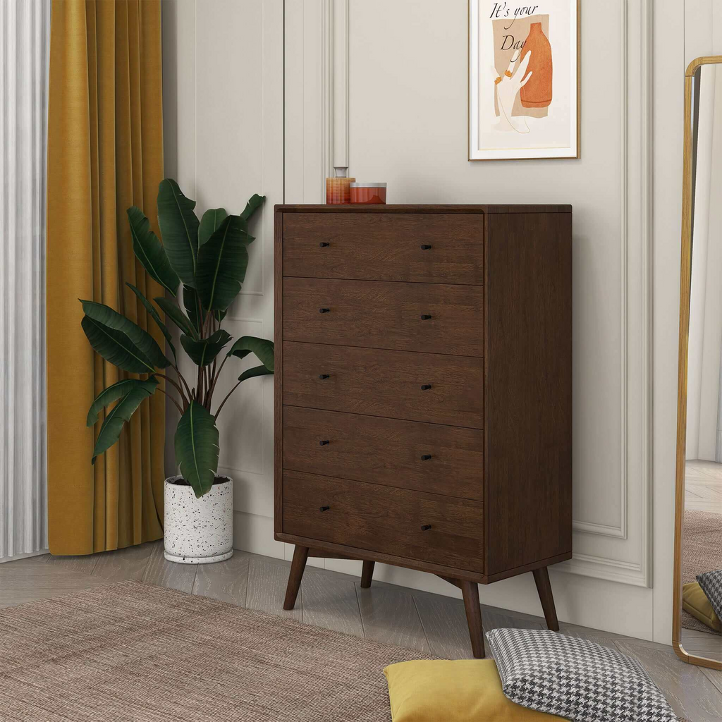Caroline Mid Century Modern 5-Drawer Solid Wood Dresser
