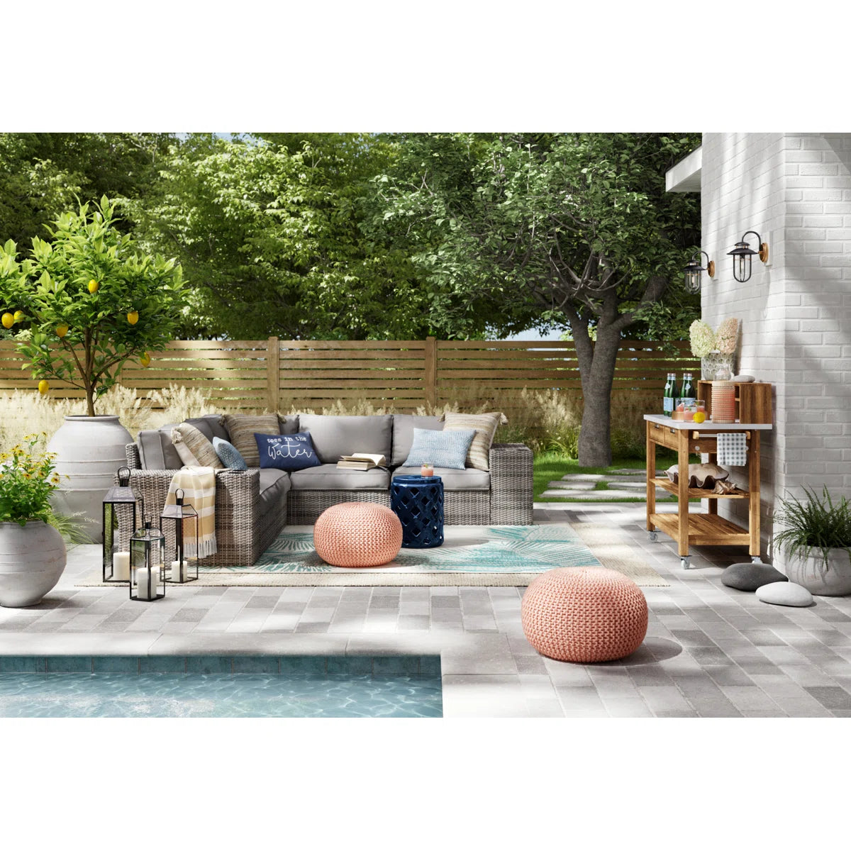 LSI 102'' Wide Outdoor Wicker Patio Sectional with Cushions