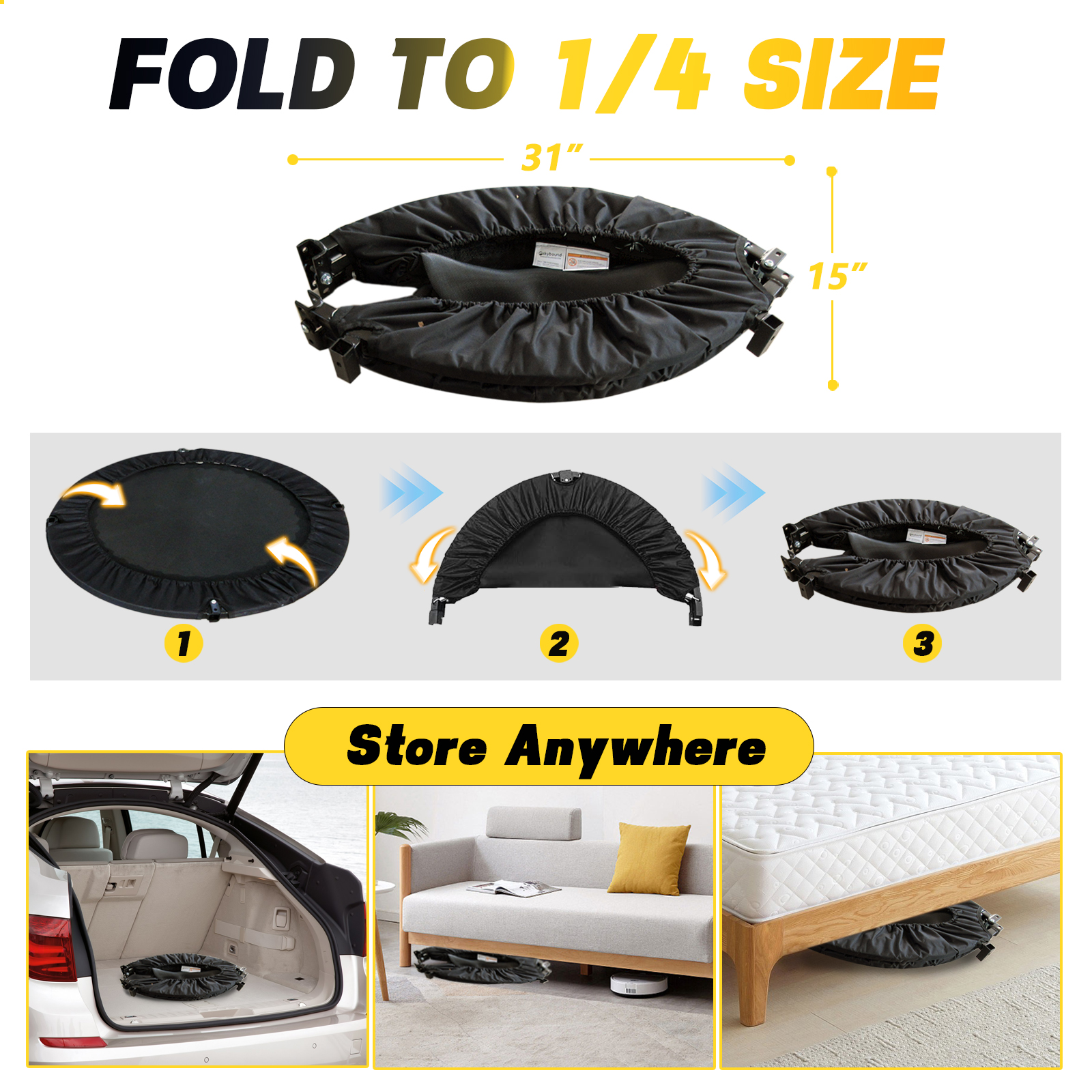 40 Inch Foldable Trampoline with Handle - Standard Spring - Black