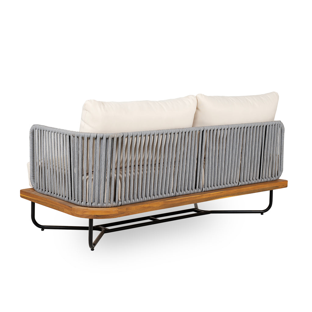 Lucca Outdoor 6 Seater Acacia Wood and Rope Woven Patio Conversation Set