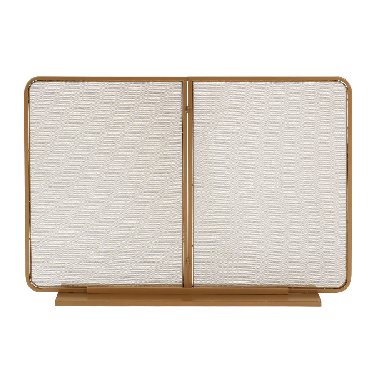 Gold Two‑Panel Freestanding Fireplace Screen, 50" W × 35" H Iron Mesh Fire Spark Barrier for Home Indoor Fireplace