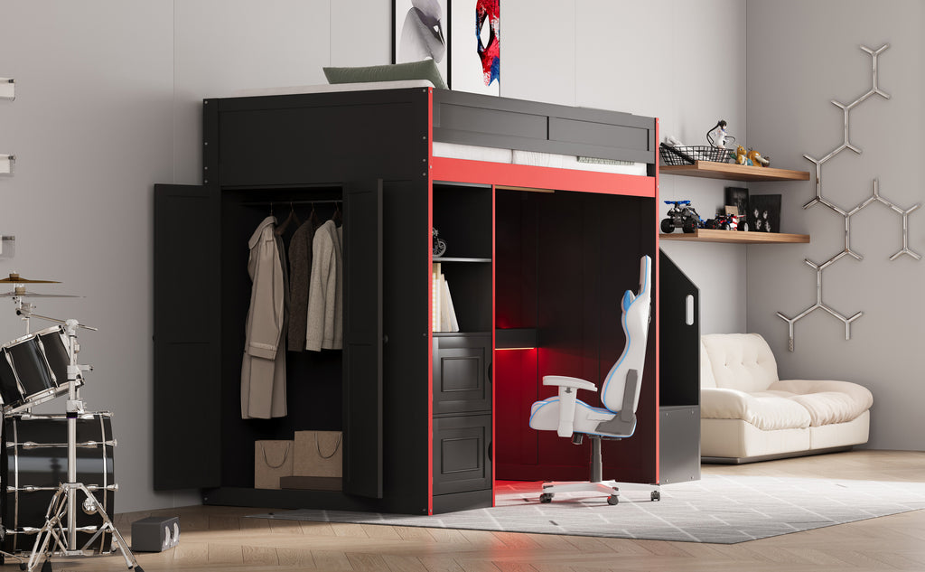 Gaming Loft Bed with Desk and Storage, LED Lights, Twin
