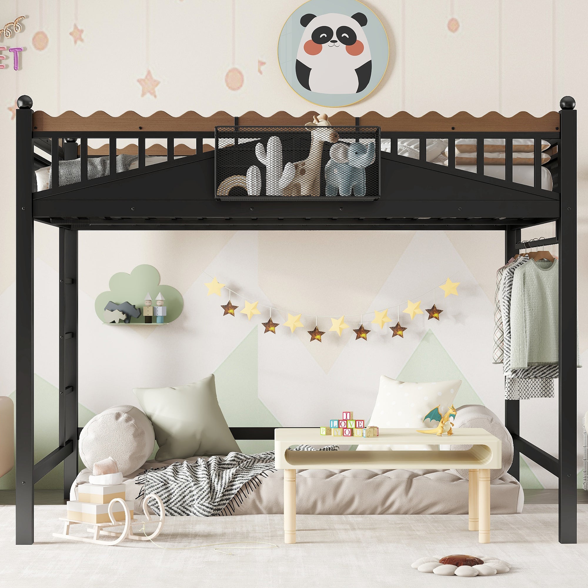Full Size Loft Bed with Storage Shelves