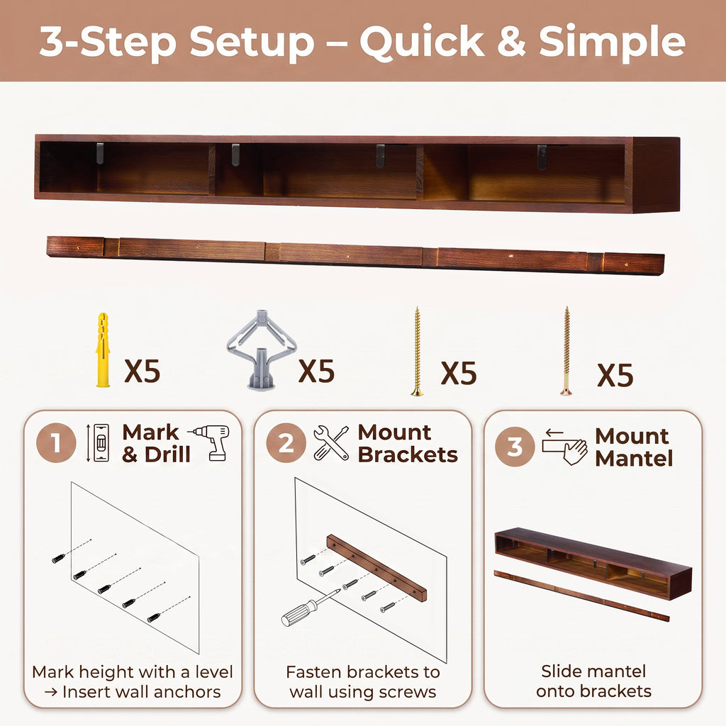 60-Inch Fireplace Mantel Floating Shelf, Solid Pine Wood, Dark Walnut