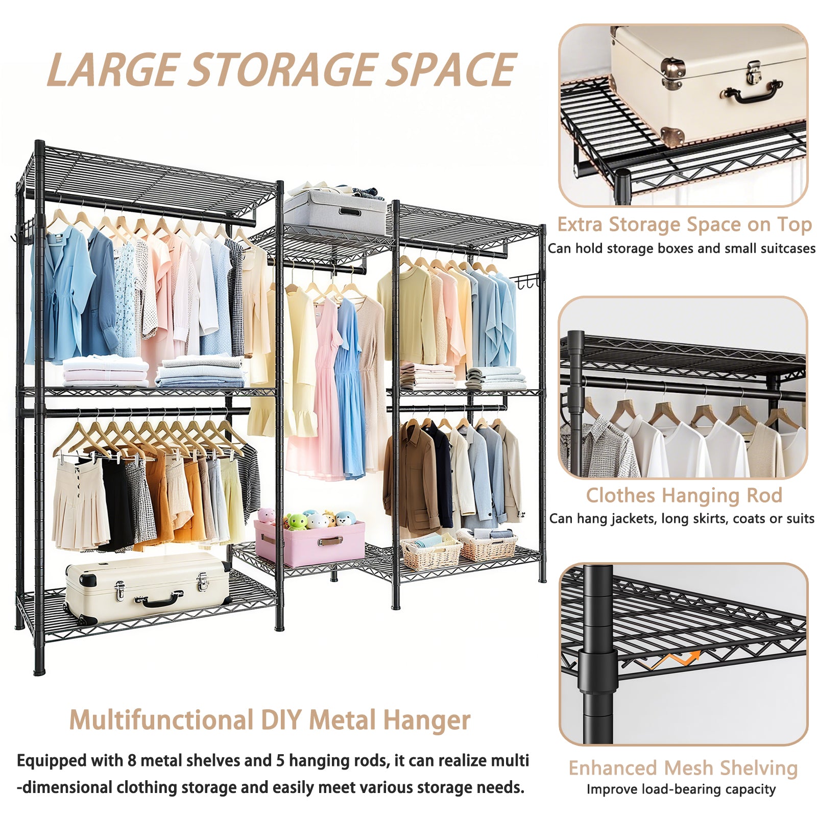 Heavy Duty Garment Rack, Freestanding Closet Organizer