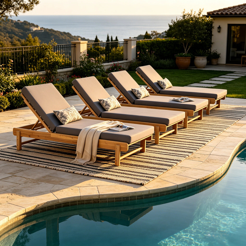 Light Teak Acacia Wood Chaise Lounge Set: 1 Frame + 1 Dark