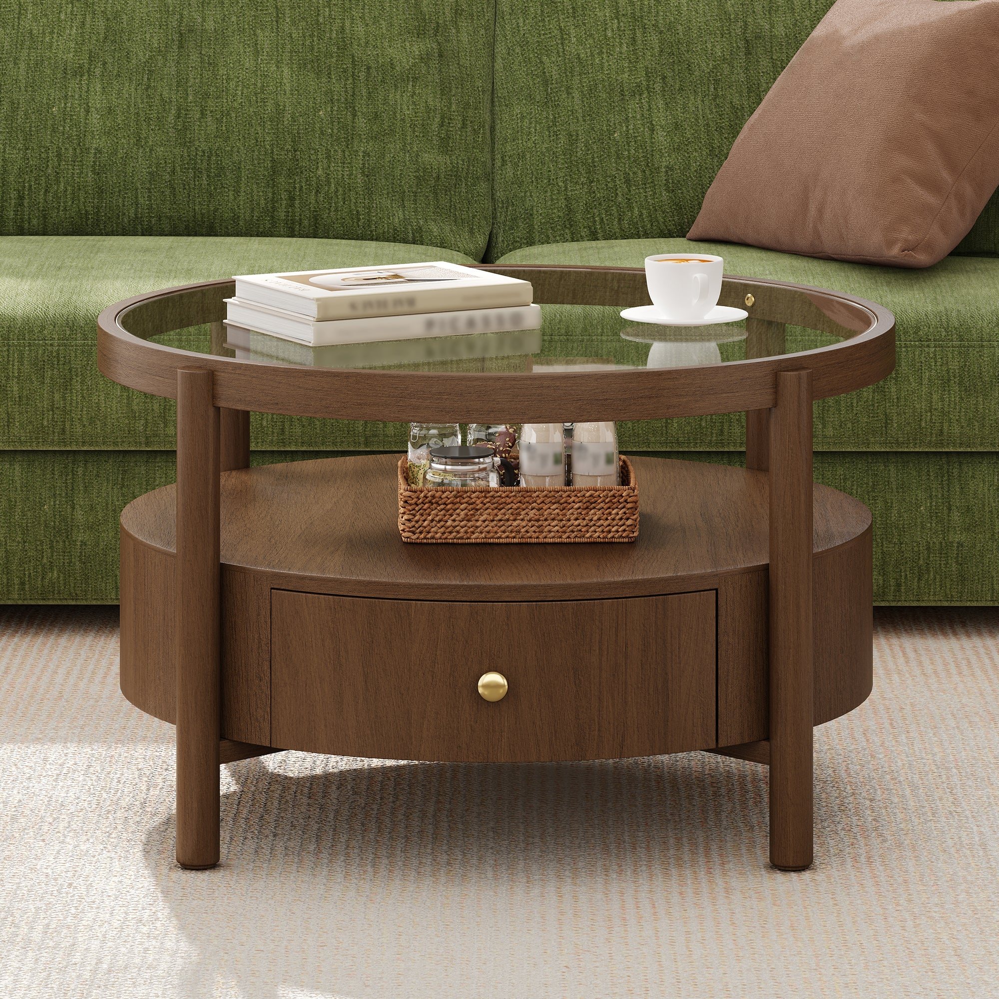 Solid Wood Round Glass Top Coffee Table with Storage Drawer