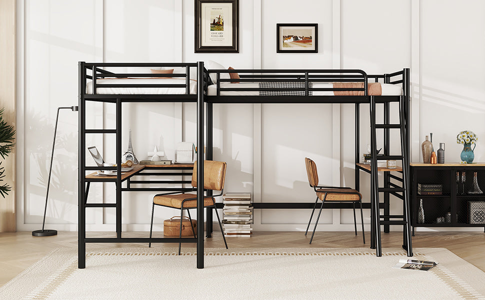 Twin Size Metal Loft Bed with Two Built-in Desks