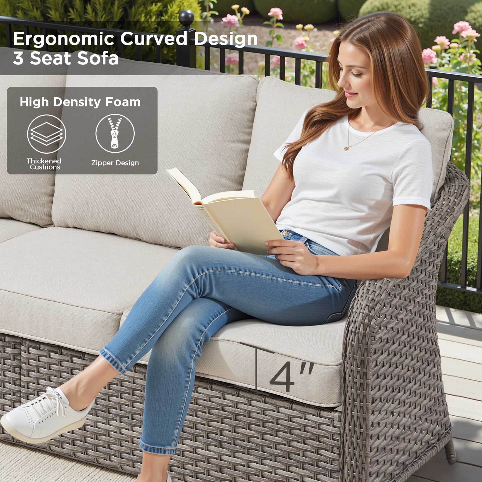 73.6" PE Wicker Rattan Outdoor Furniture Set, 3 Seat Sofa