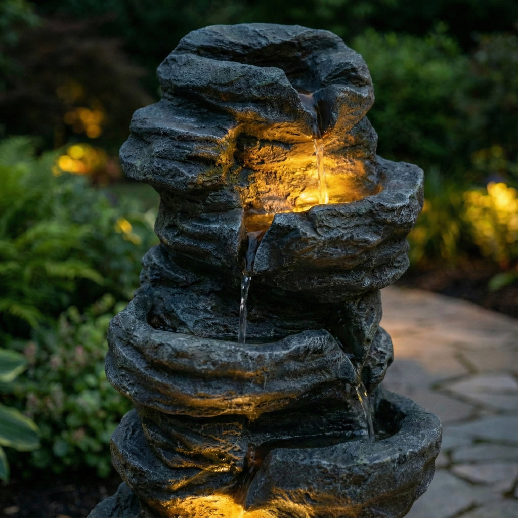 6-Tier Outdoor Cascading Stone Water Fountain with LED Lights