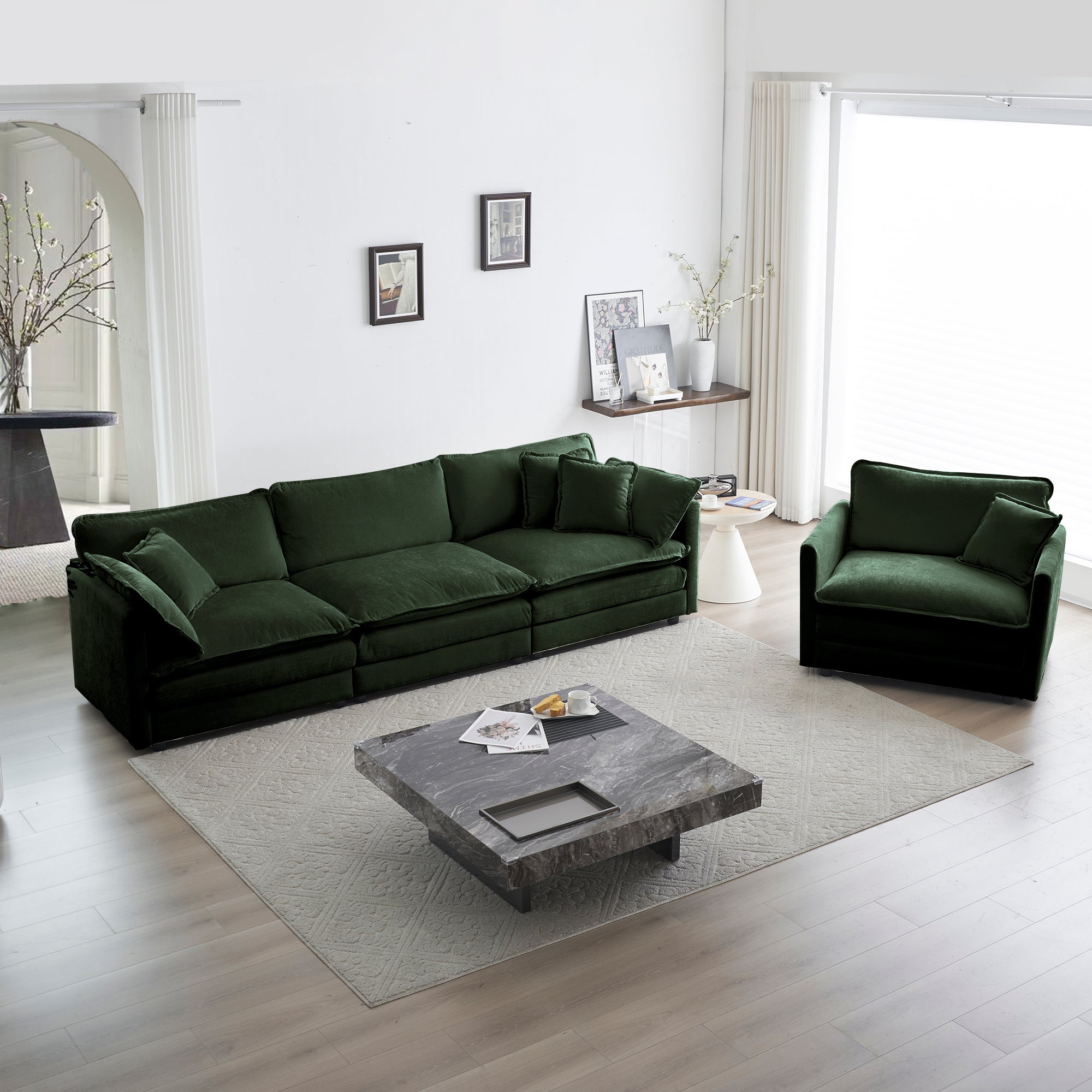 2-Piece Upholstered Sectional Sofa Set in Green Chenille