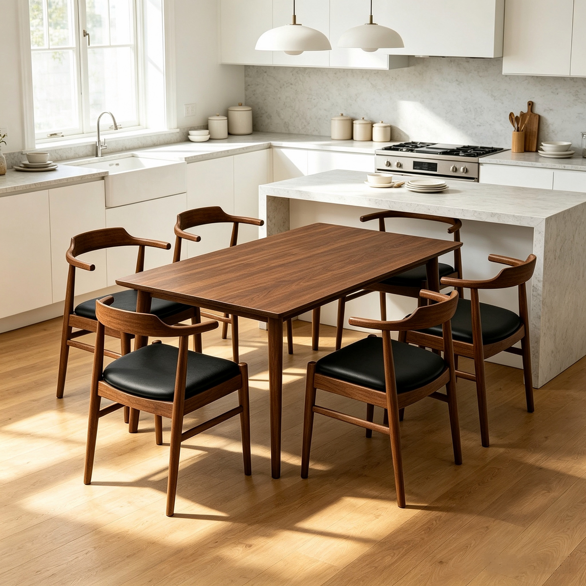 Levi Mid-Century Solid Wood Dining Table Set, 86-Inch Rectangular with 6 Leather Chairs, Brown