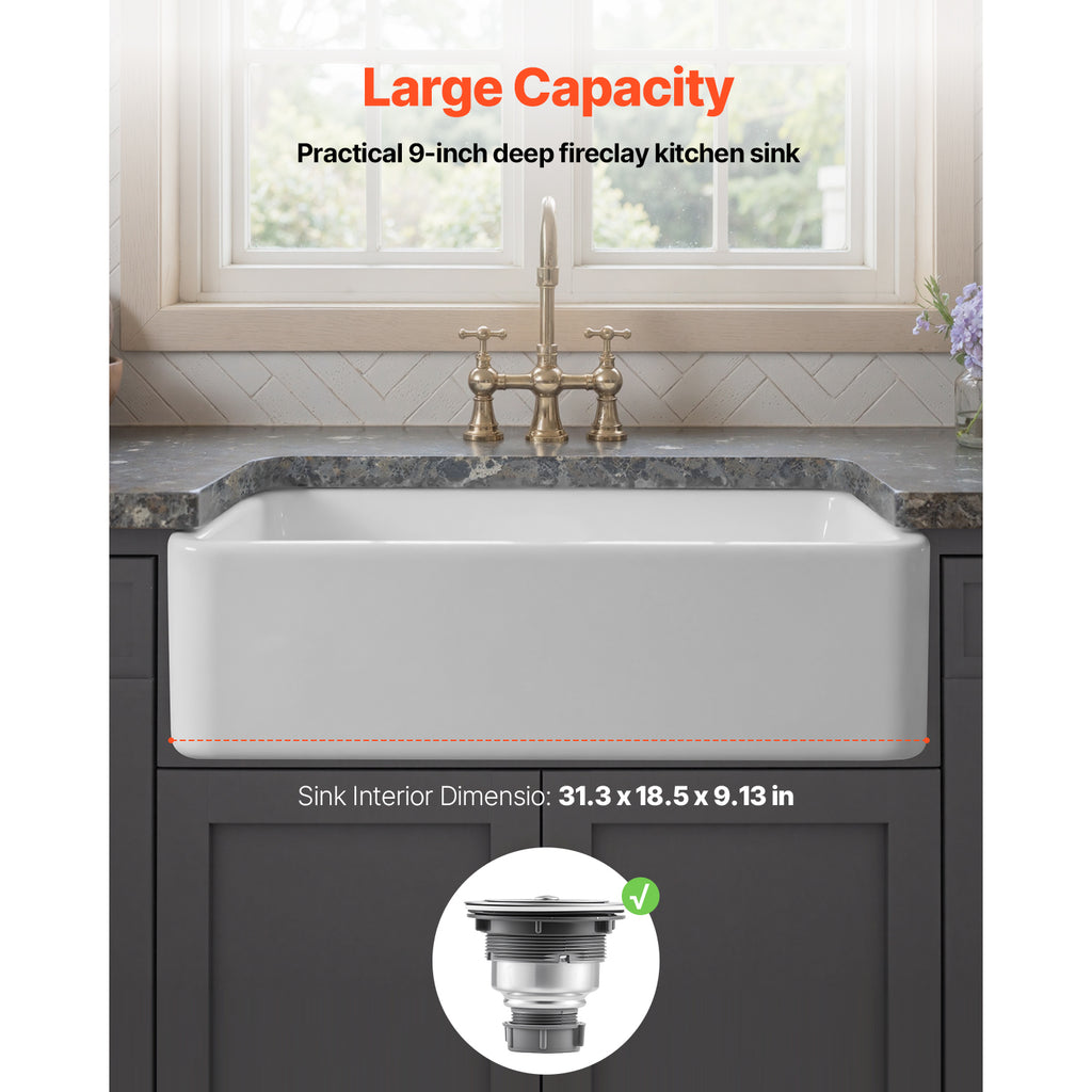 33.5x20 in Farmhouse Sink Undermount Kitchen Single Bowl Basin Fireclay