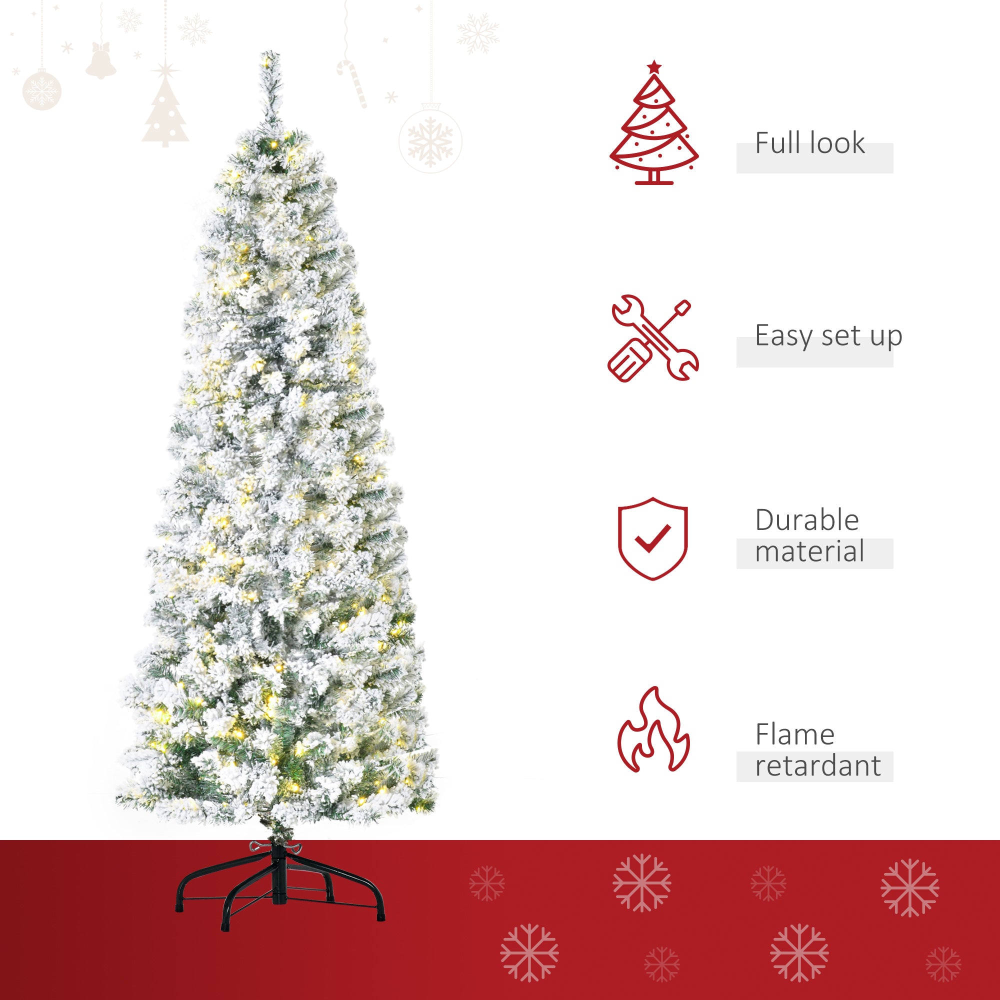 HOMCOM 6ft Pre-Lit Snow-Flocked Slim Douglas Fir Artificial Christmas Tree