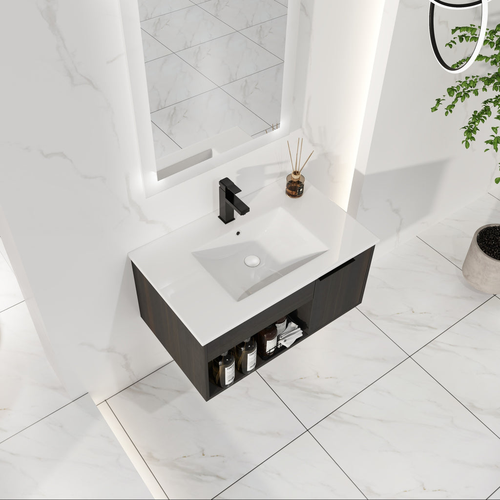 30" Wall-Mounted Floating Bathroom Vanity with Ceramic Sink – Modern Dark