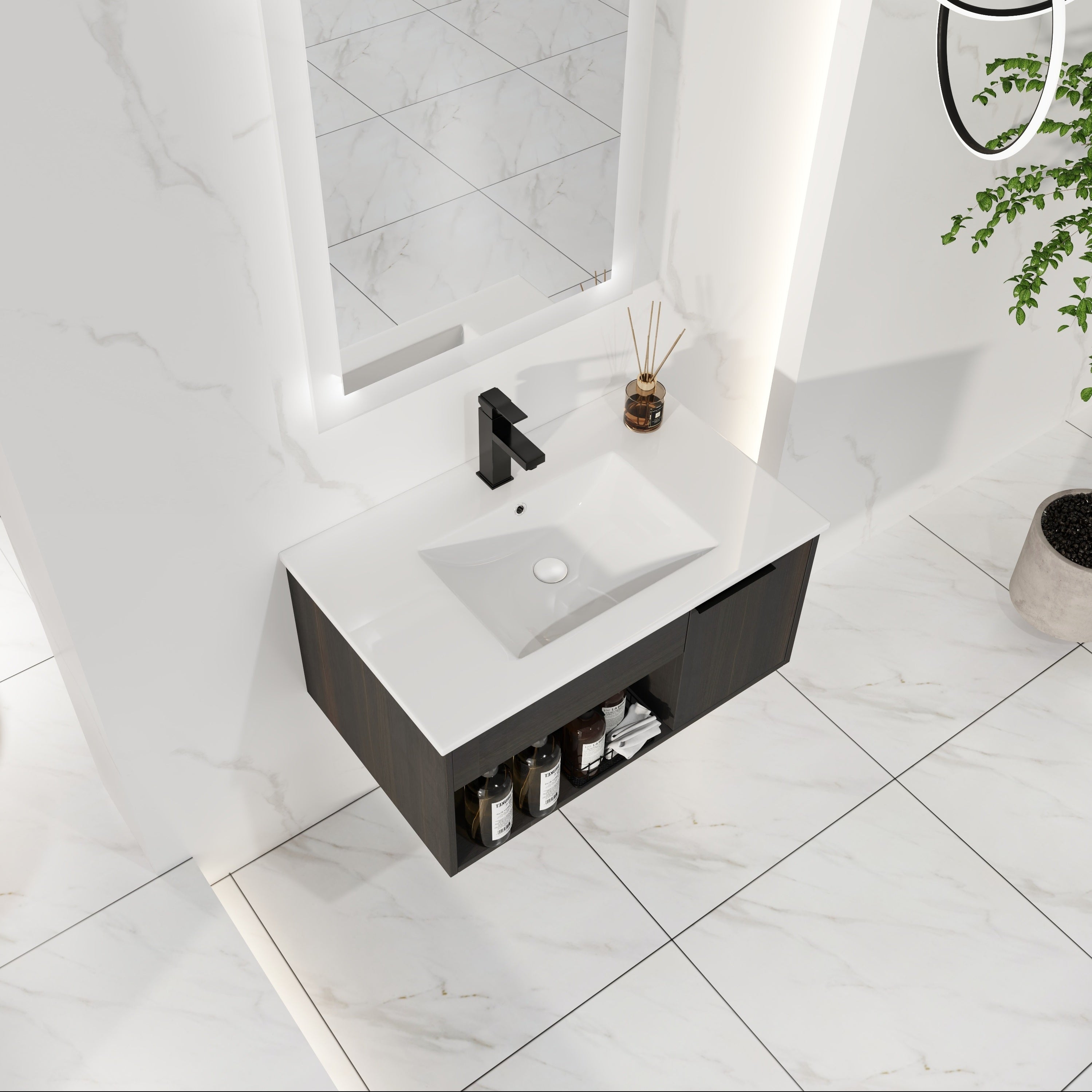 30" Wall-Mounted Floating Bathroom Vanity with Ceramic Sink – Modern Dark