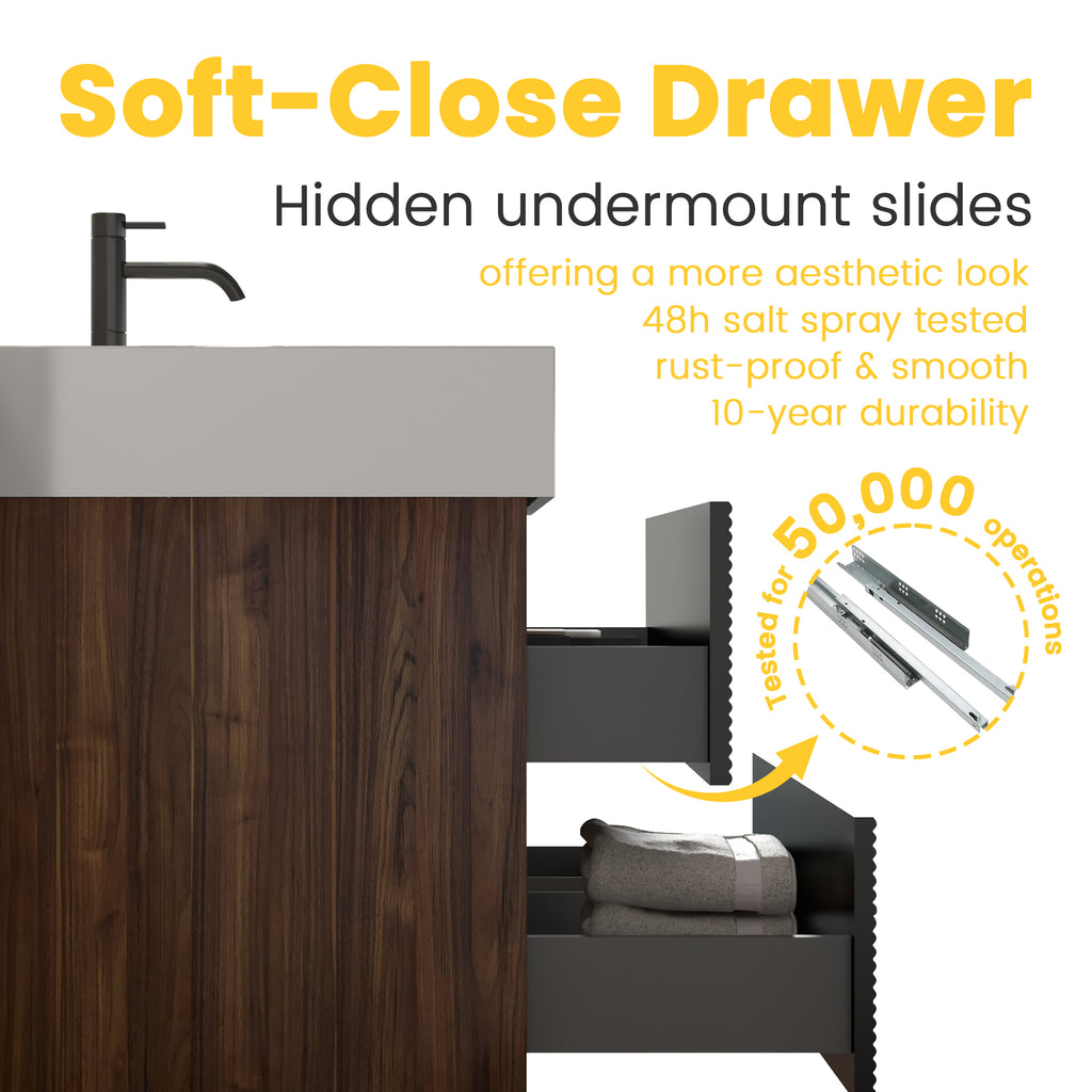 Grace 30-Inch Wall-Mount Bathroom Vanity, Glossy White Solid Surface Sink, Black Drawers