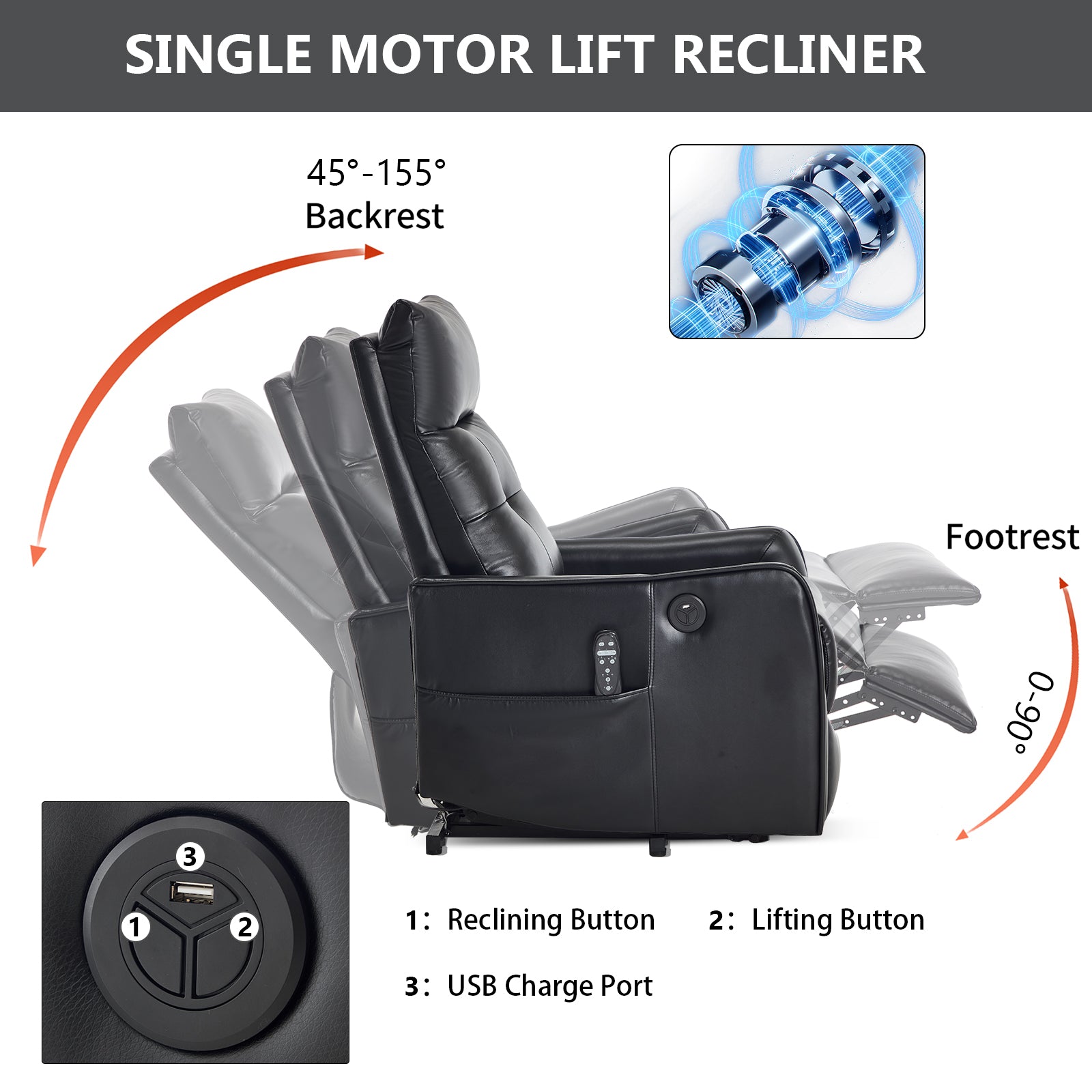 Black PU Single Motor Power Lift Recliner Chair with Massage and Heat