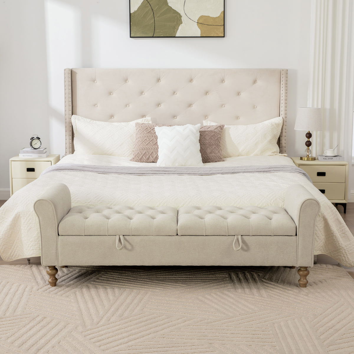 65.75" Wide Modern Upholstered Storage Bench With Double Lids