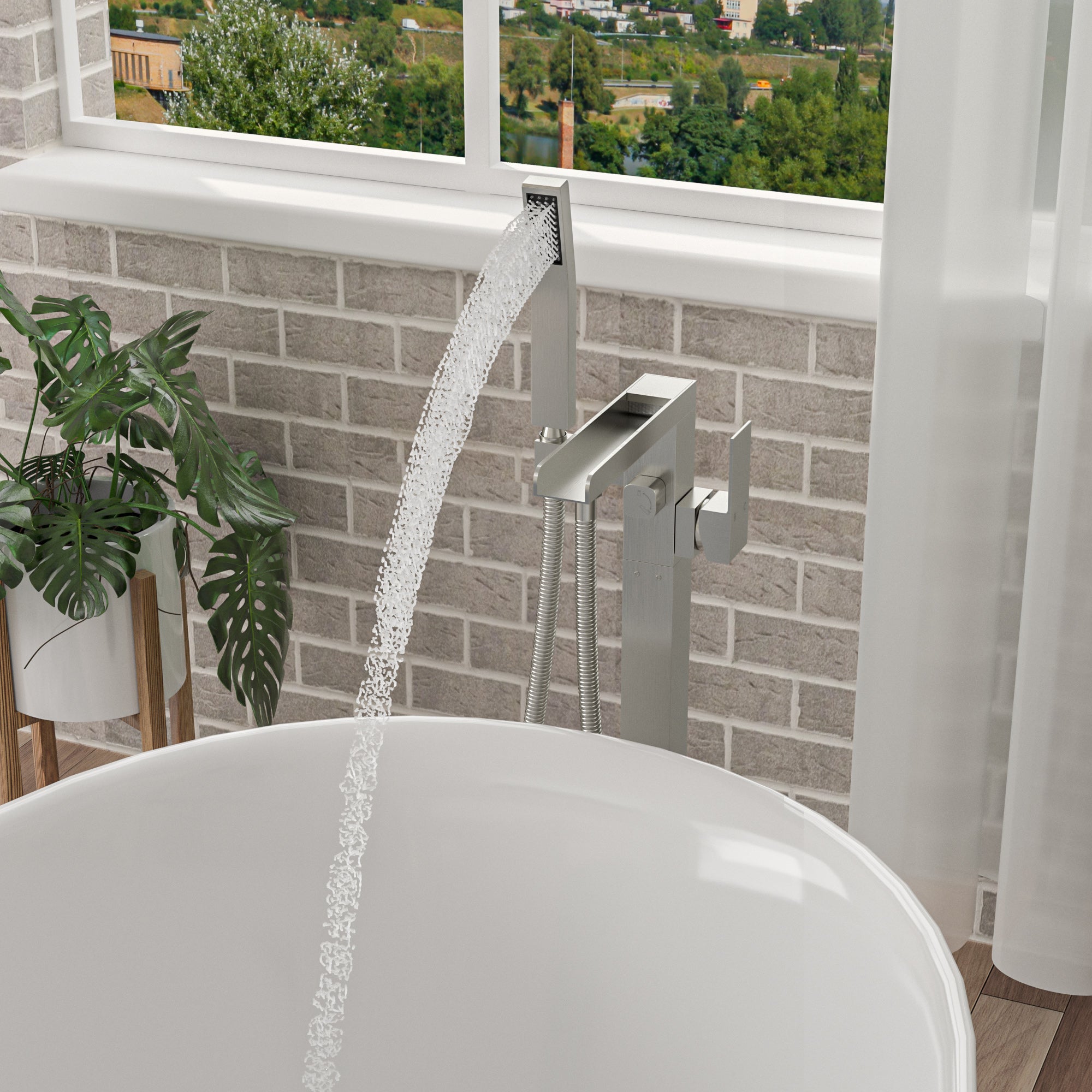 Freestanding Bathtub Faucet Waterfall Tub Filler Brushed Nickel