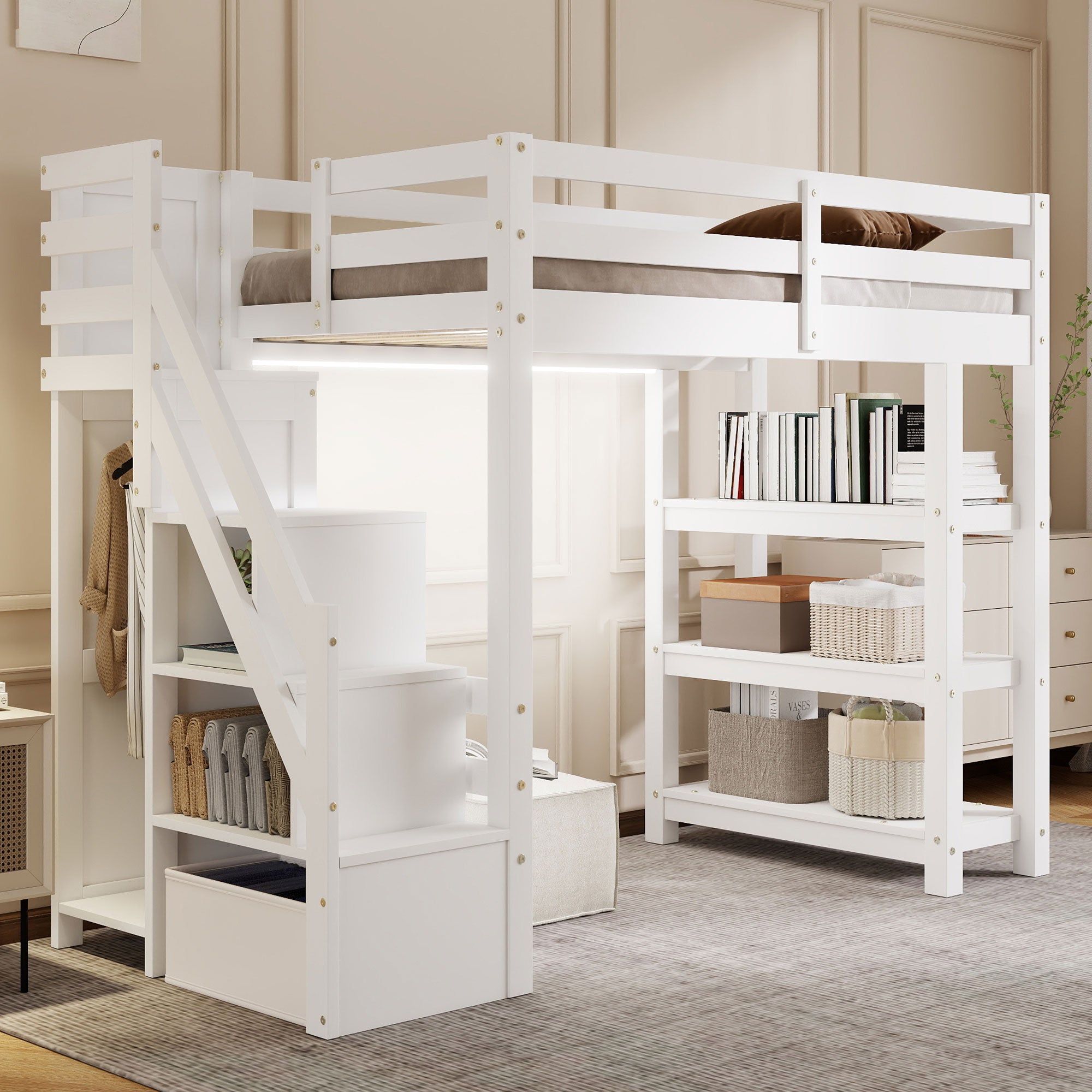 Twin Size Loft Bed with Shelves and Storage Staircase