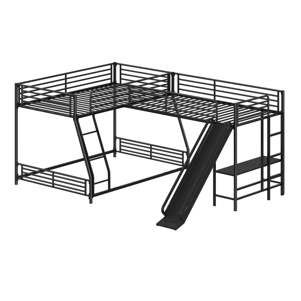 L-Shaped Twin Over Full Bunk Bed with Twin Size Loft Bed, Built-in Desk and Slide