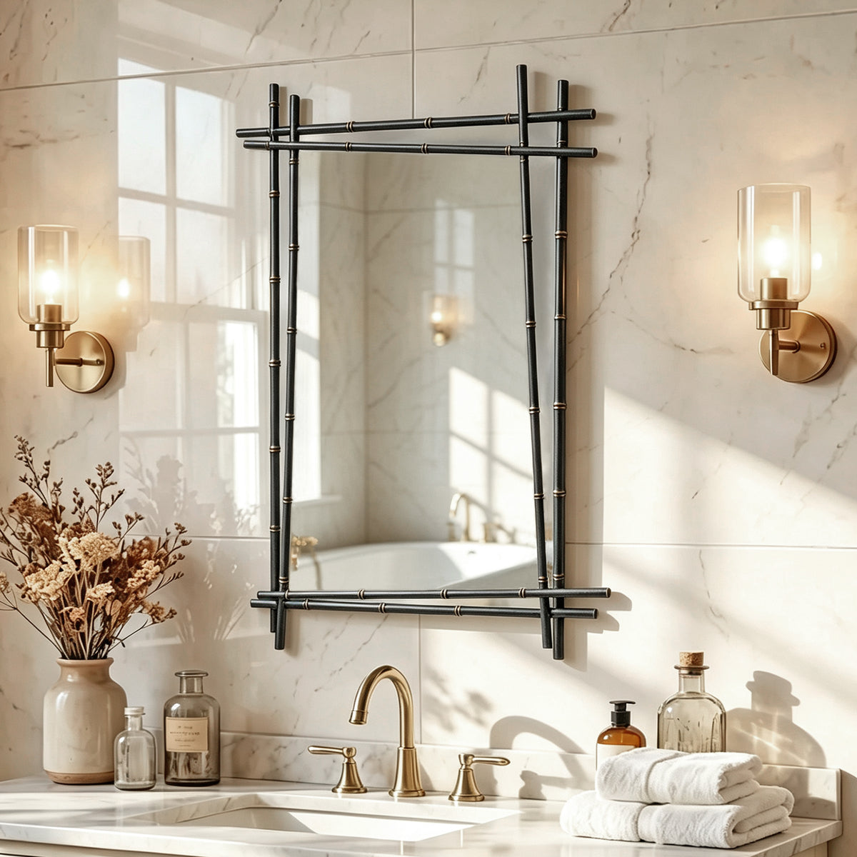Metal Bamboo‑Inspired Wall Mirror, Rectangular Decor Mirror 26.77×41.73 Inch for Home Decor(Black)