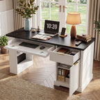 55" Modern Fluted Office Desk with Storage Cabinet & Drawers