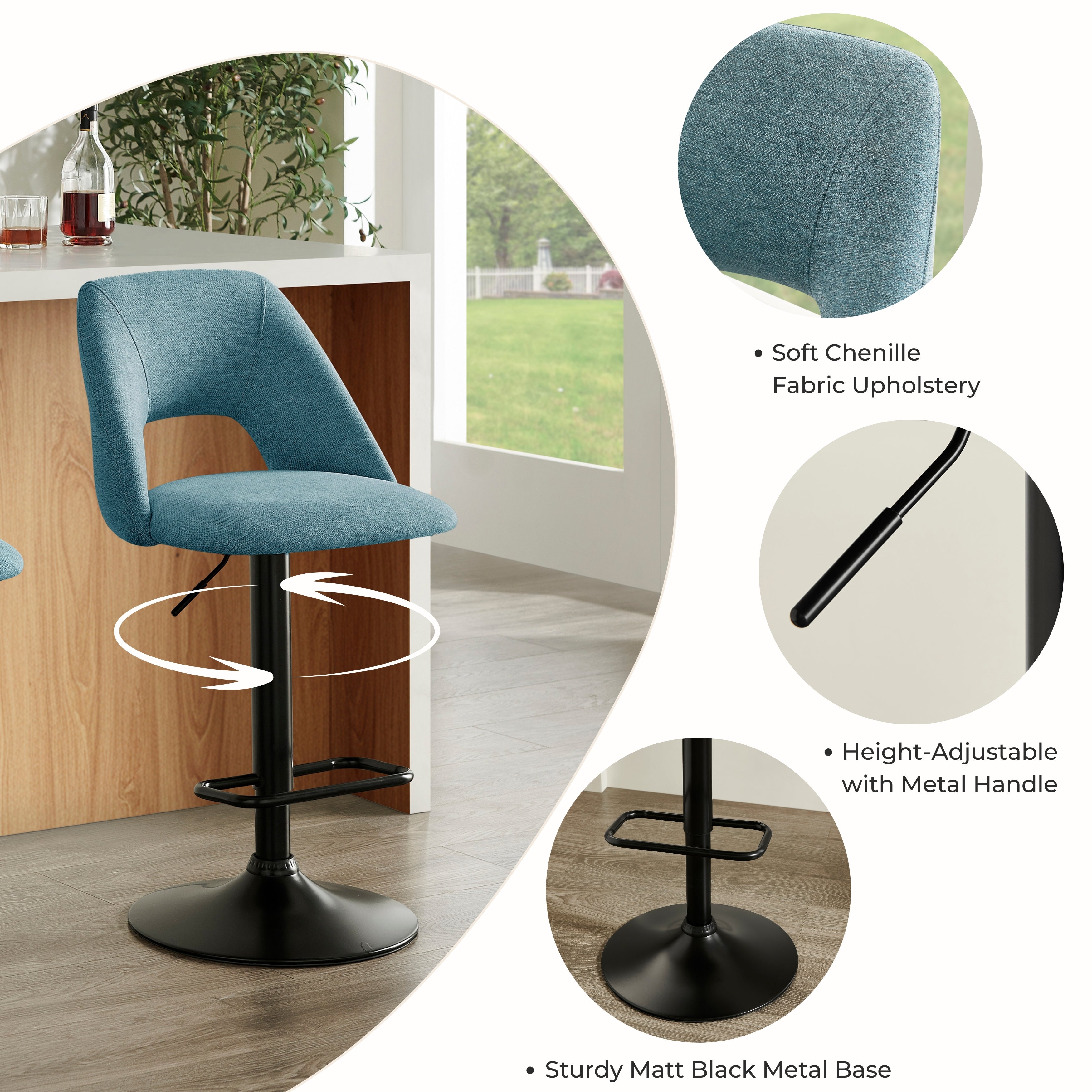 Nuvia Contemporary Adjustable Barstool with Upholstered Swivel Seats, Set of 2