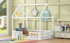 Full Size Wood House Bed with Fence and Door