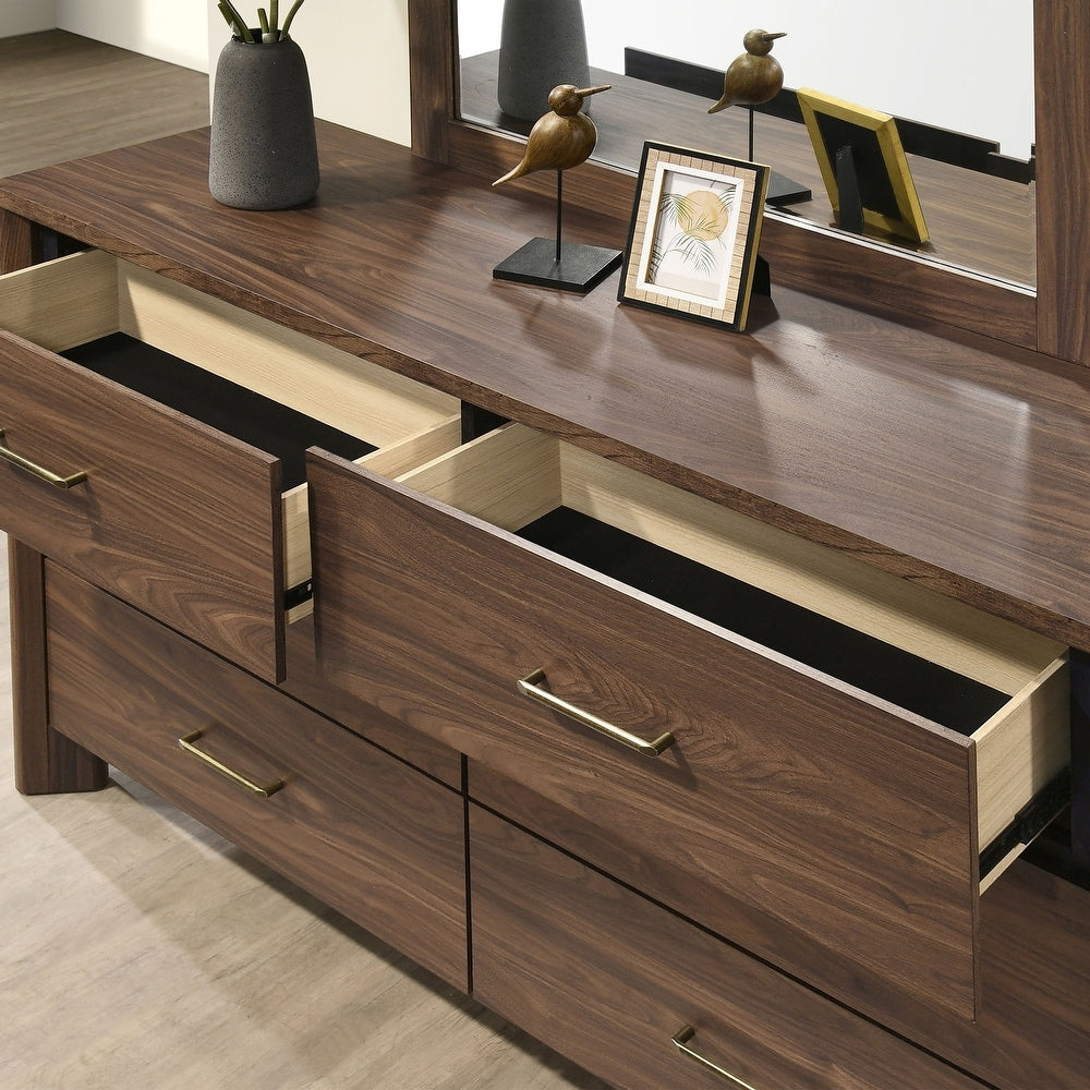 Walnut Color Dresser 6-Drawers Bedroom Furniture Solid wood Mid-Century Modern Rounded Edges 1pc