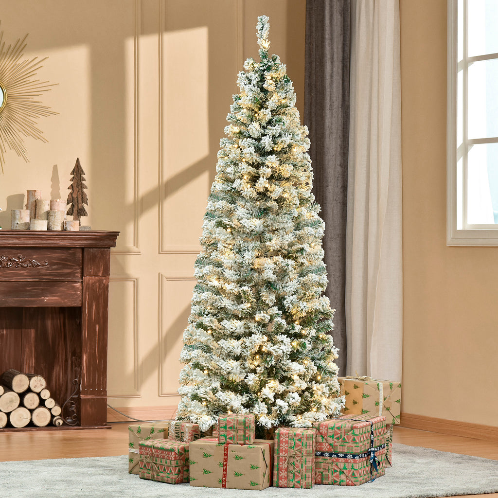 HOMCOM 6ft Pre-Lit Snow-Flocked Slim Douglas Fir Artificial Christmas Tree