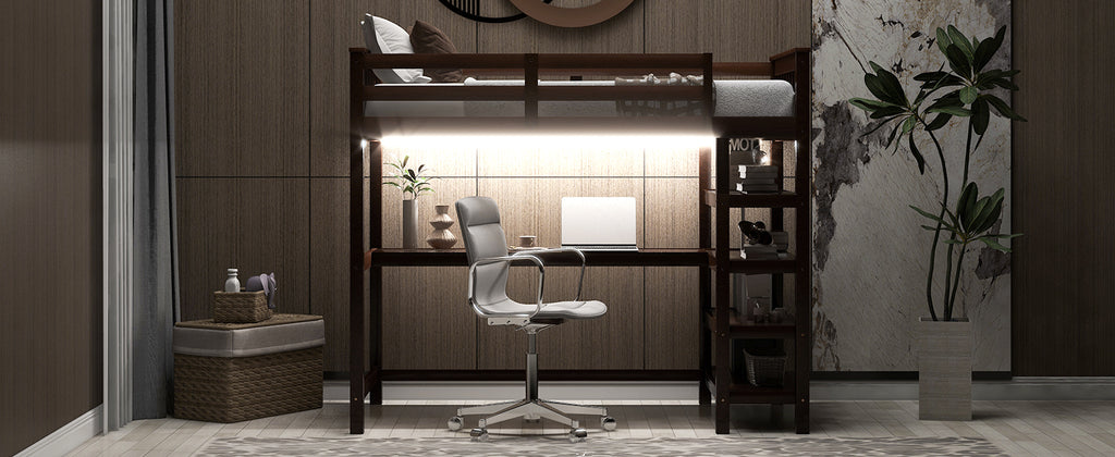 Twin Size Loft Bed with Storage Shelves and LED
