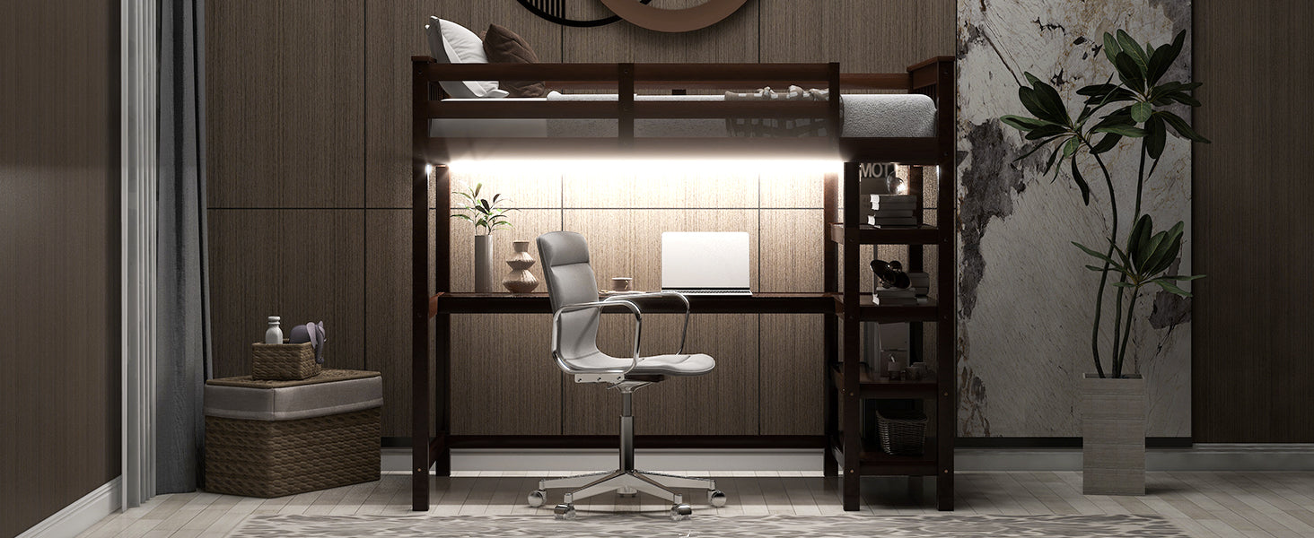 Twin Size Loft Bed with Storage Shelves and LED