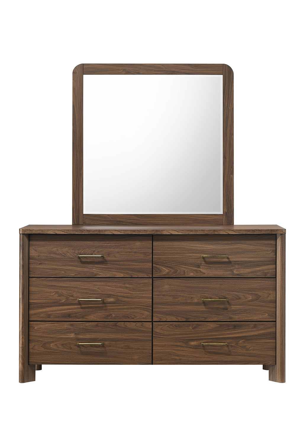 Walnut Color Dresser 6-Drawers Bedroom Furniture Solid wood Mid-Century Modern Rounded Edges 1pc