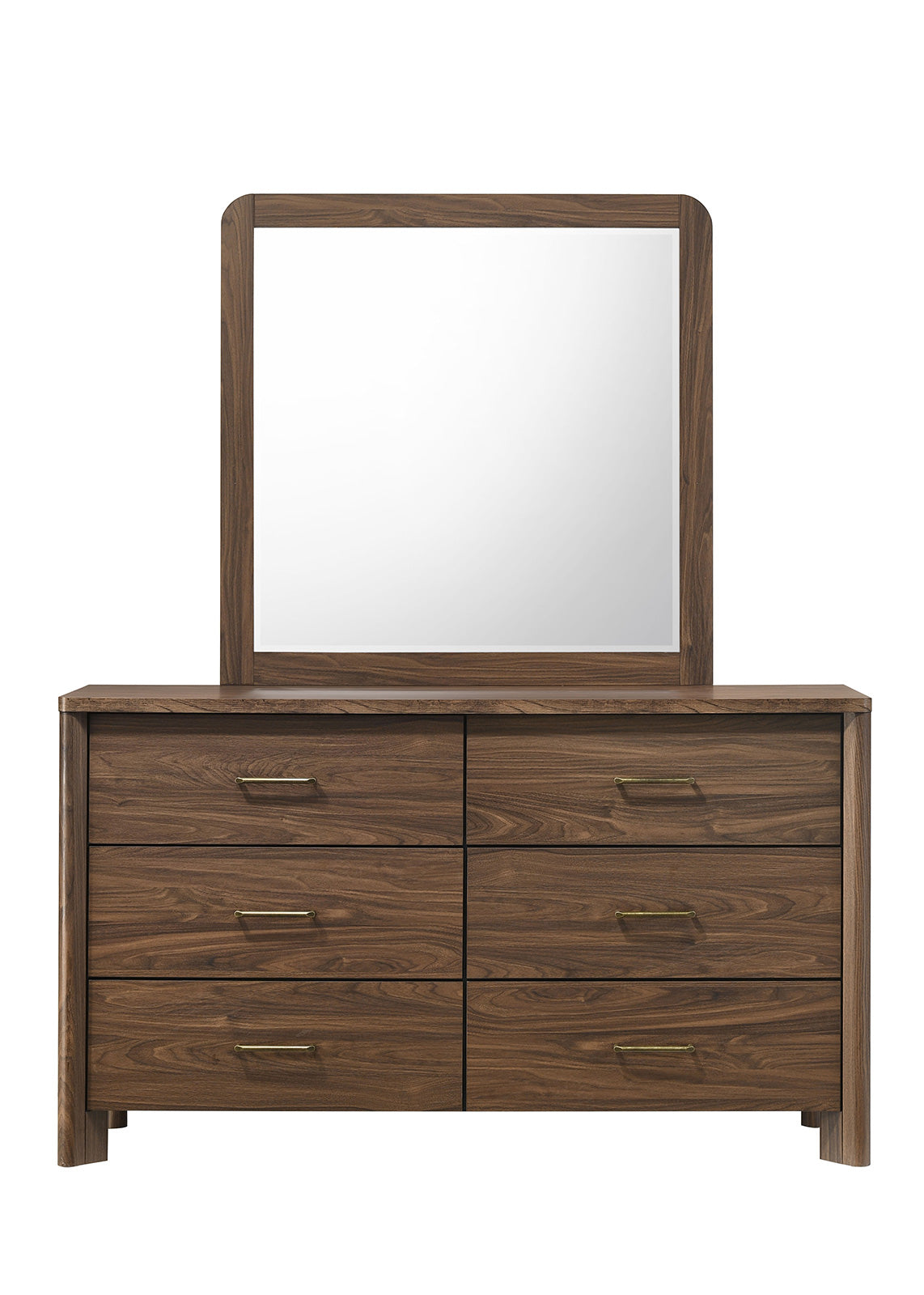 Walnut Color Dresser 6-Drawers Bedroom Furniture Solid wood Mid-Century Modern Rounded Edges 1pc