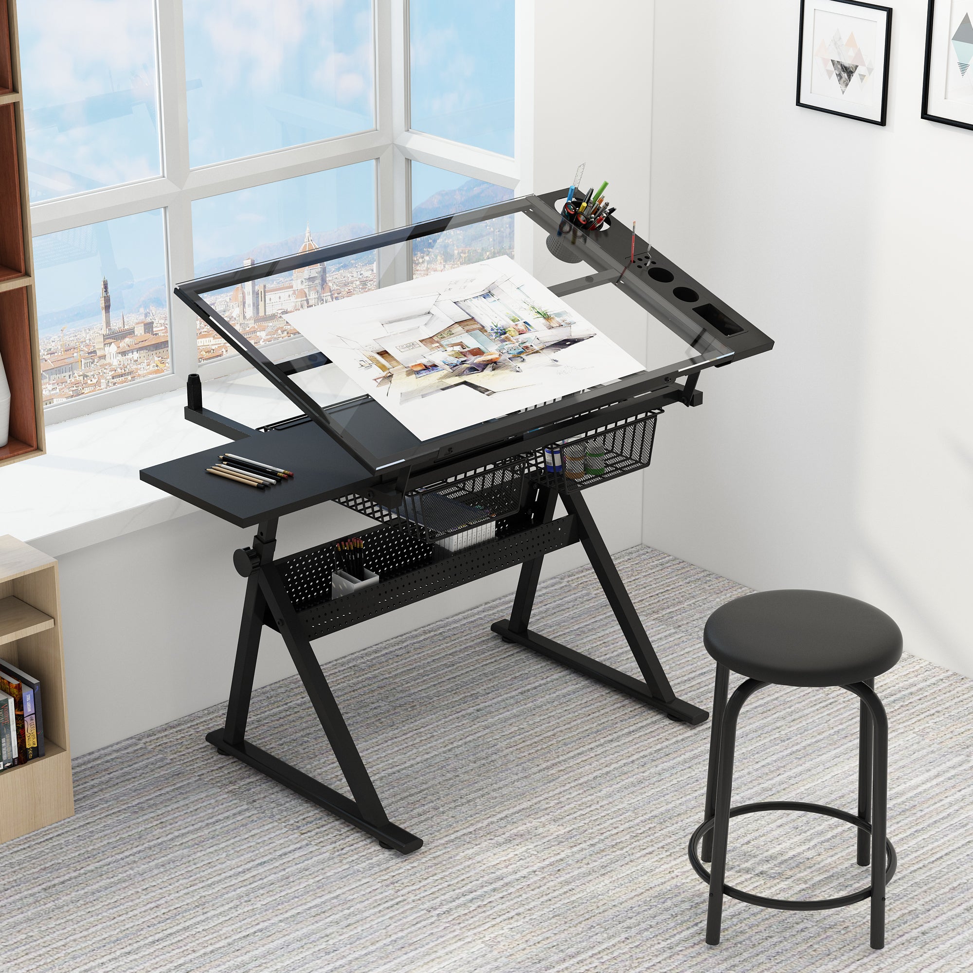 Black Adjustable Tempered Glass Drafting Table with Chair