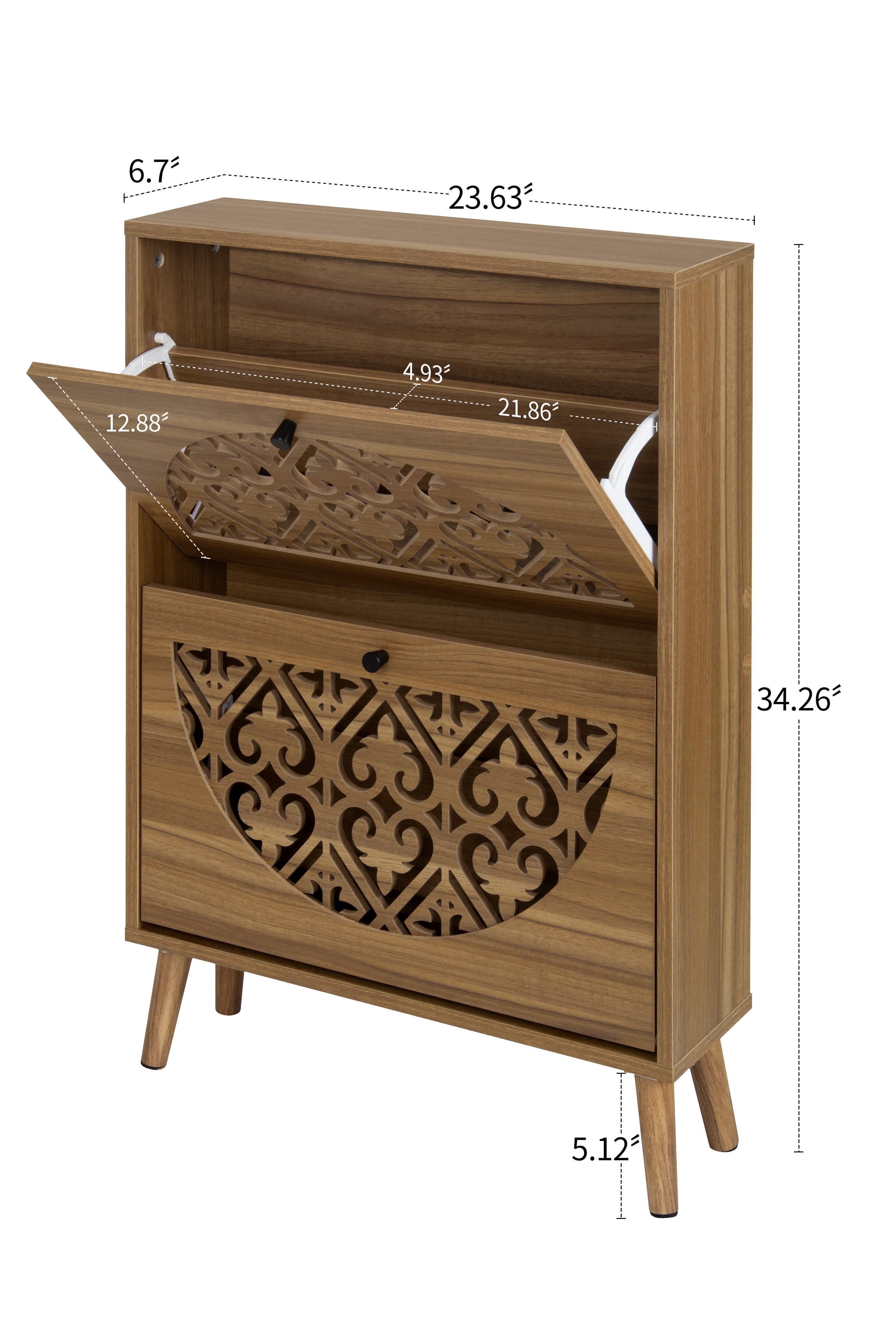 Japandi Narrow Shoe Cabinet with Carved Floral Pattern