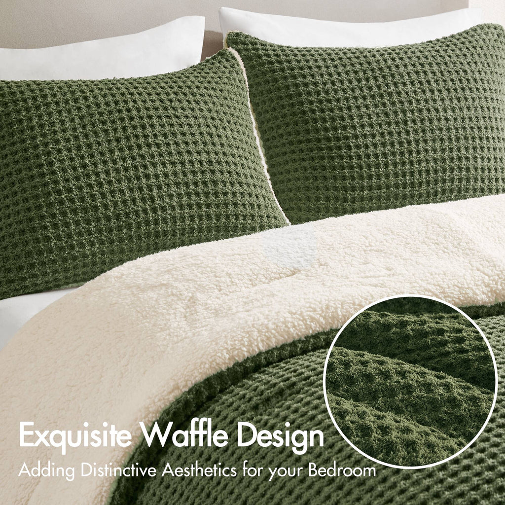 3 Pieces King/Cal King Waffle Knit Chenille Comforter Set, Olive
