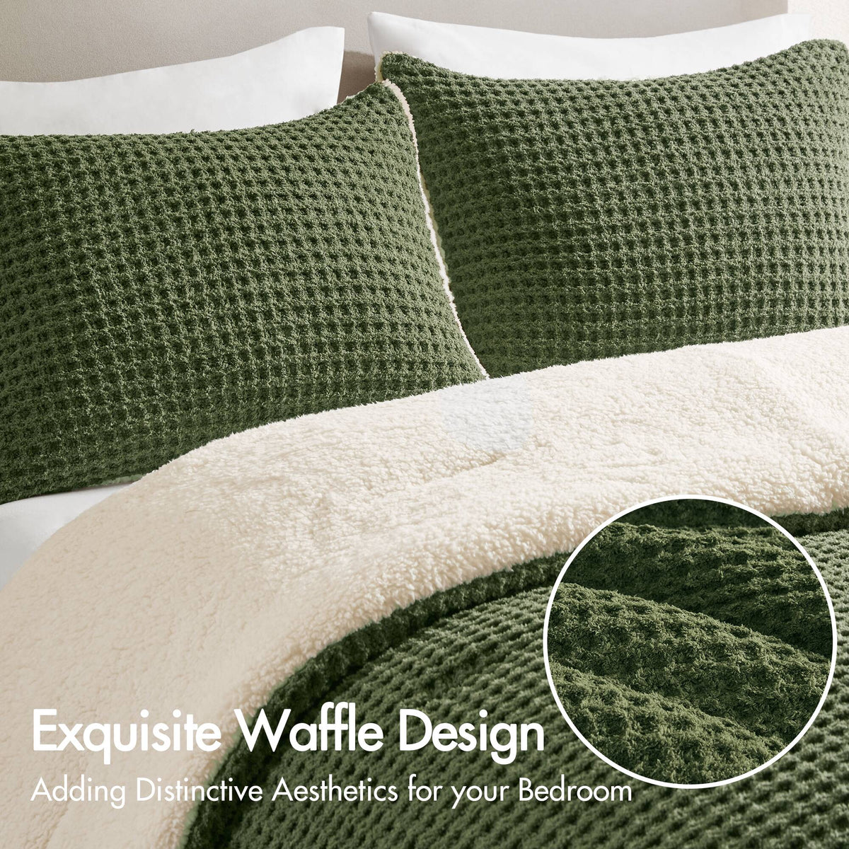 3 Pieces Full/Queen Waffle Knit Chenille Comforter Set - Olive