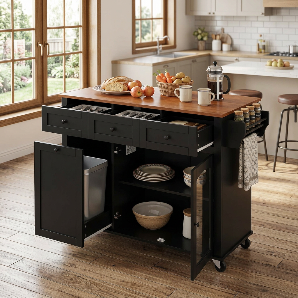 54.2" Mobile Kitchen Island with Glass Door Storage & Trash Bin Cabinet