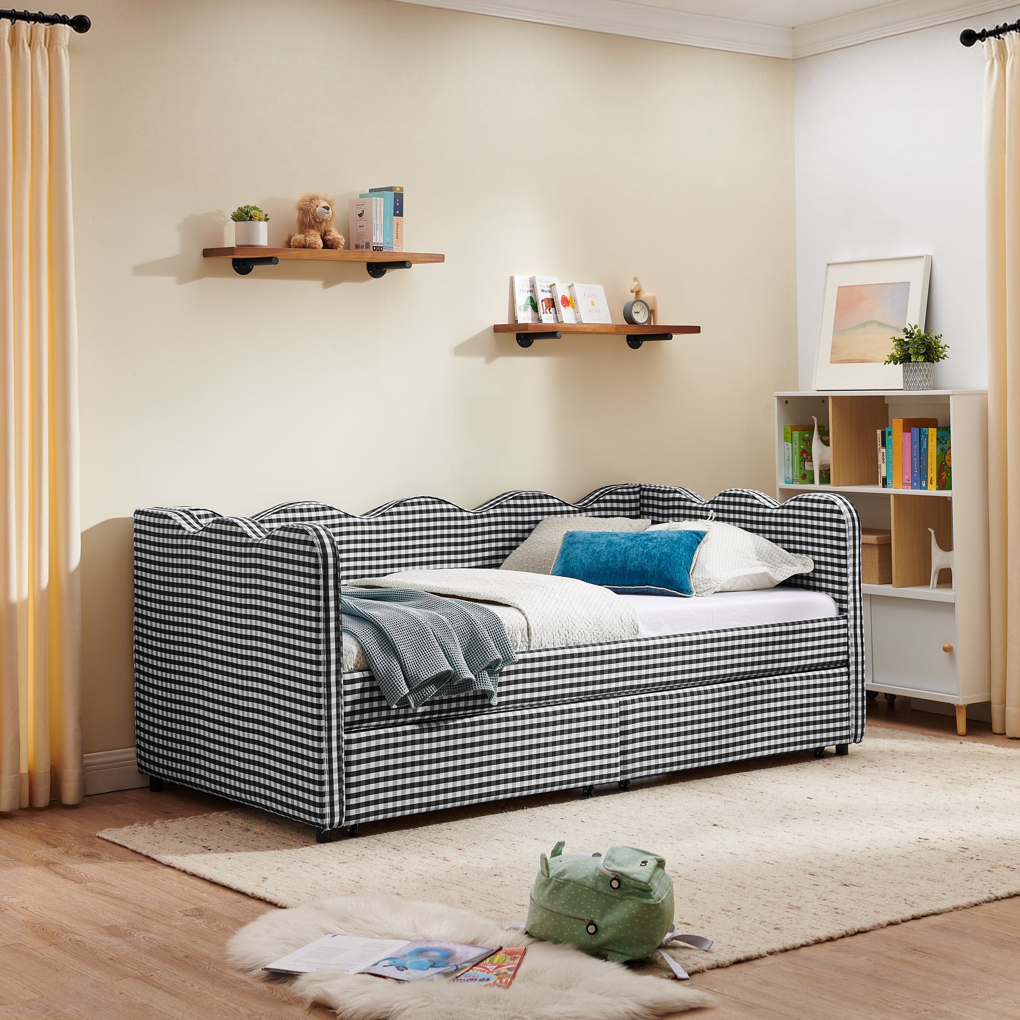 Twin Size Cozy Gingham Daybed with Two Storage Drawers